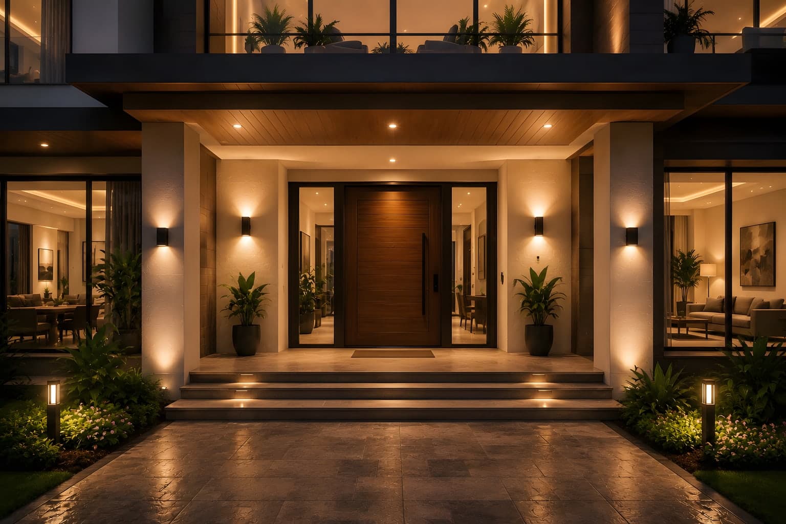A villa entrance at night with wall, step and garden lights switched on