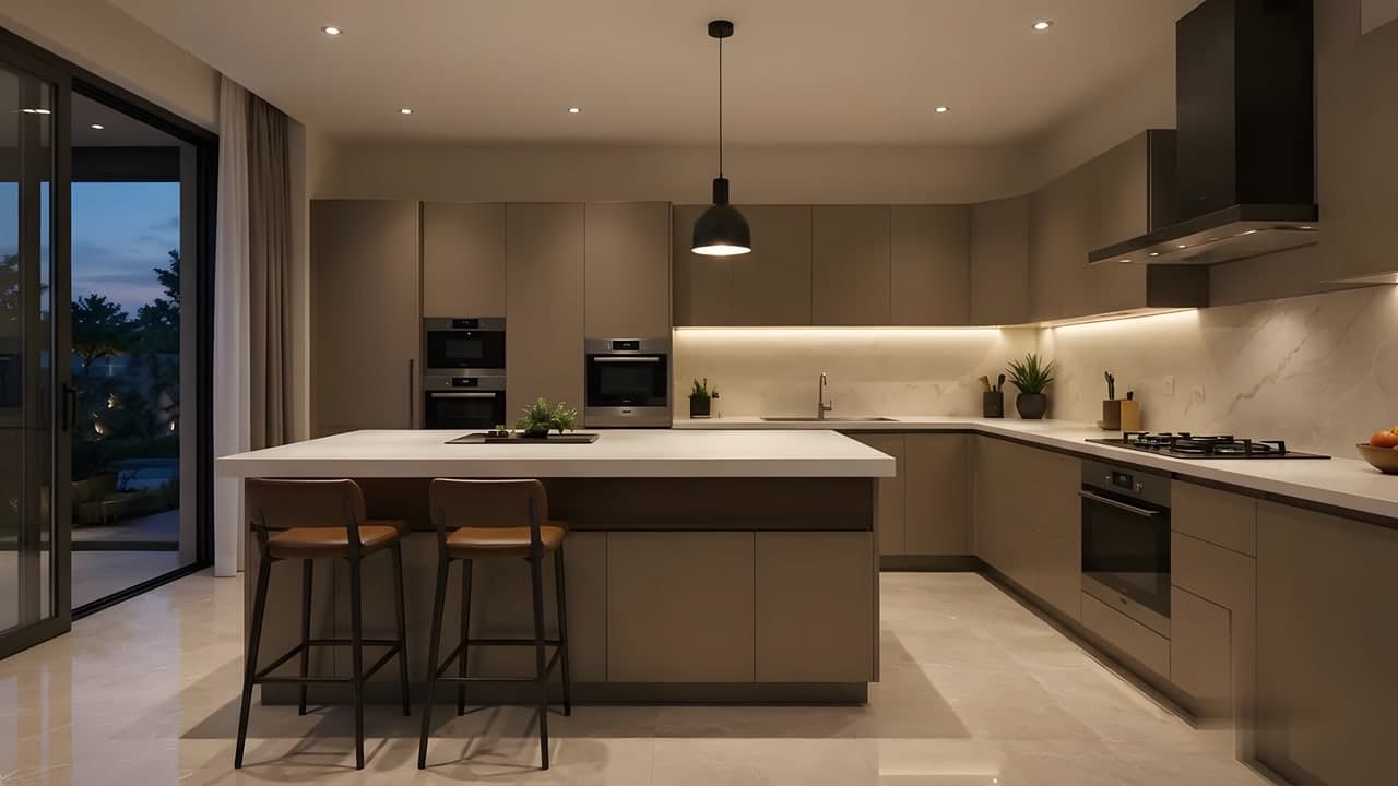 A modern kitchen with an island, a pendant light and warm under-cabinet lighting