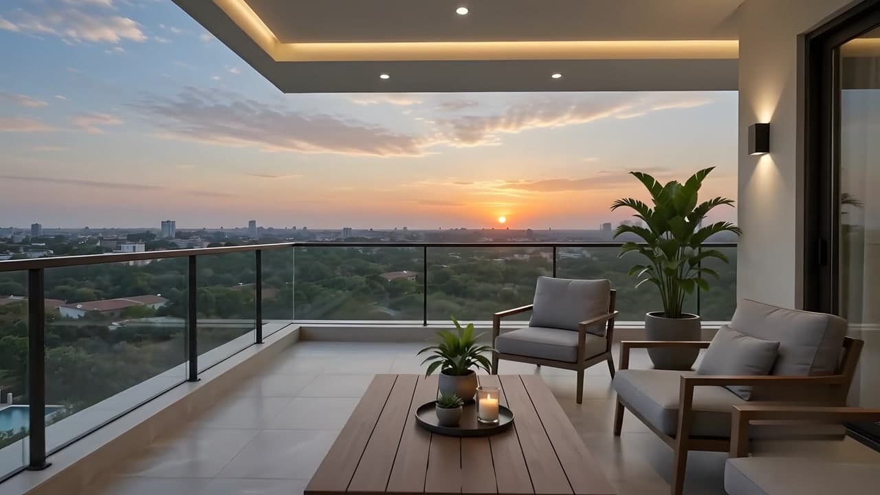 A high-rise balcony at sunset with seating and warm cove lighting
