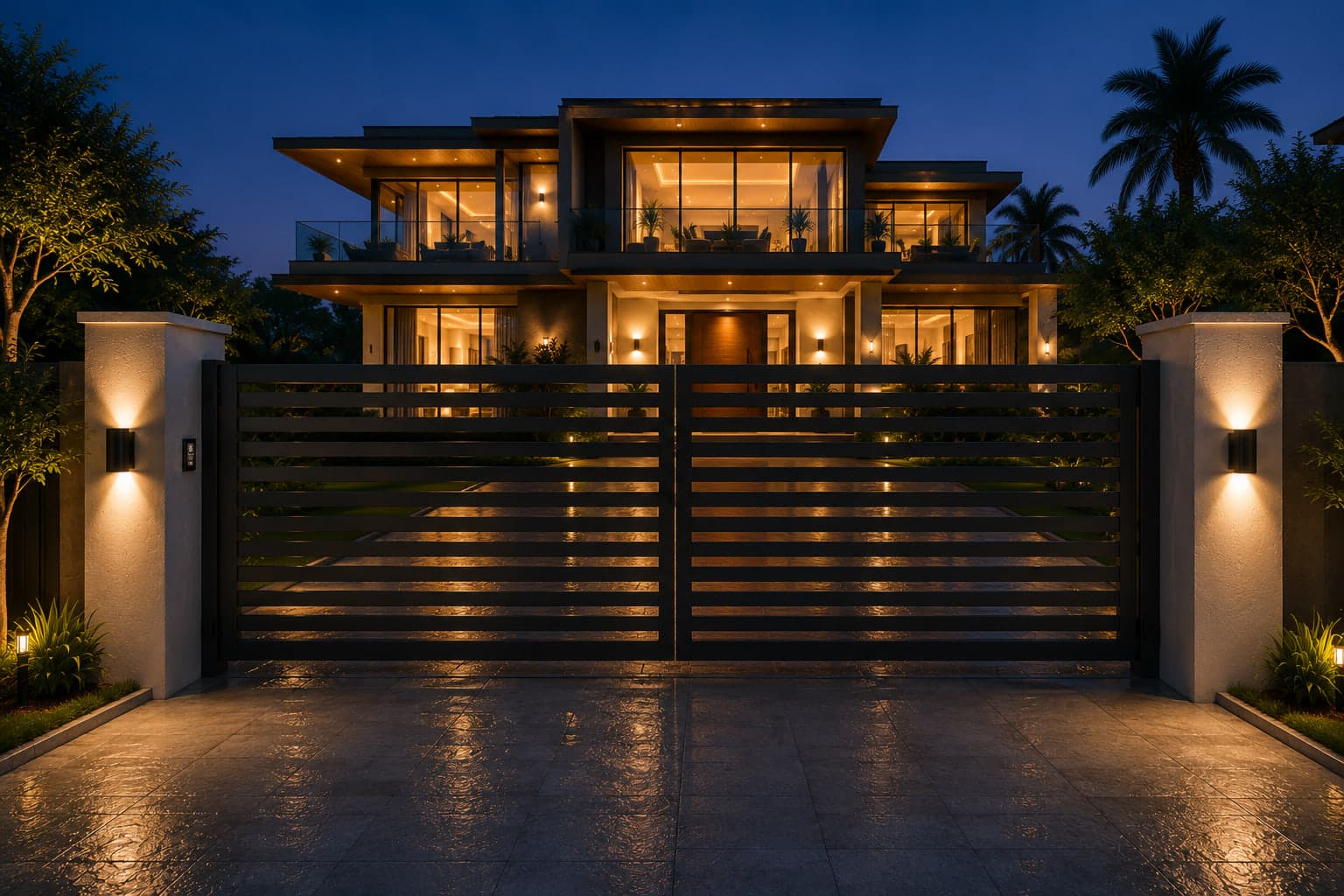A modern home at dusk with façade, garden and driveway lights switched on automatically