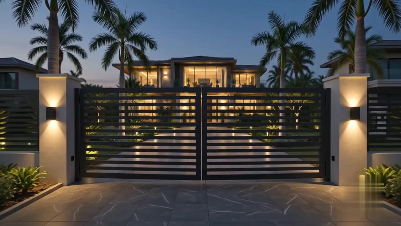 An automatic driveway gate with the driveway lights switched on