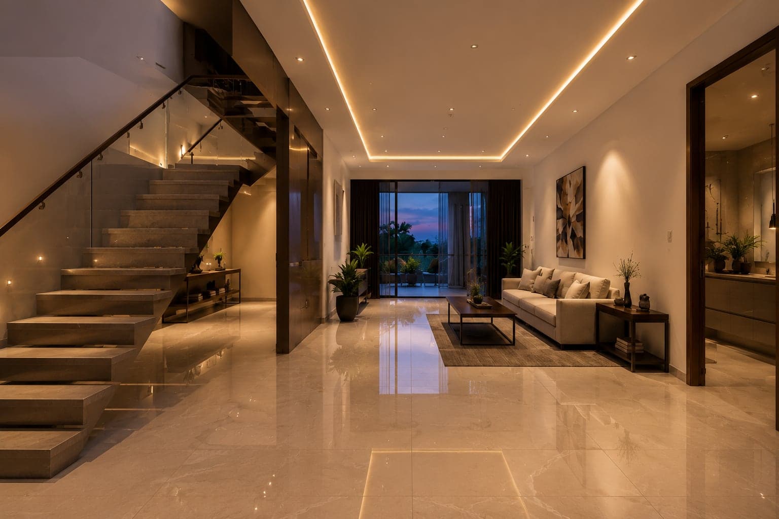 A living hall with warm, automated lighting scenes