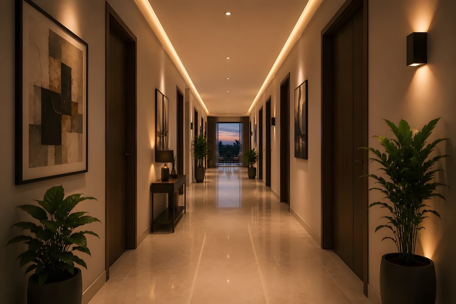 A corridor lit by warm wall lights, with art and plants