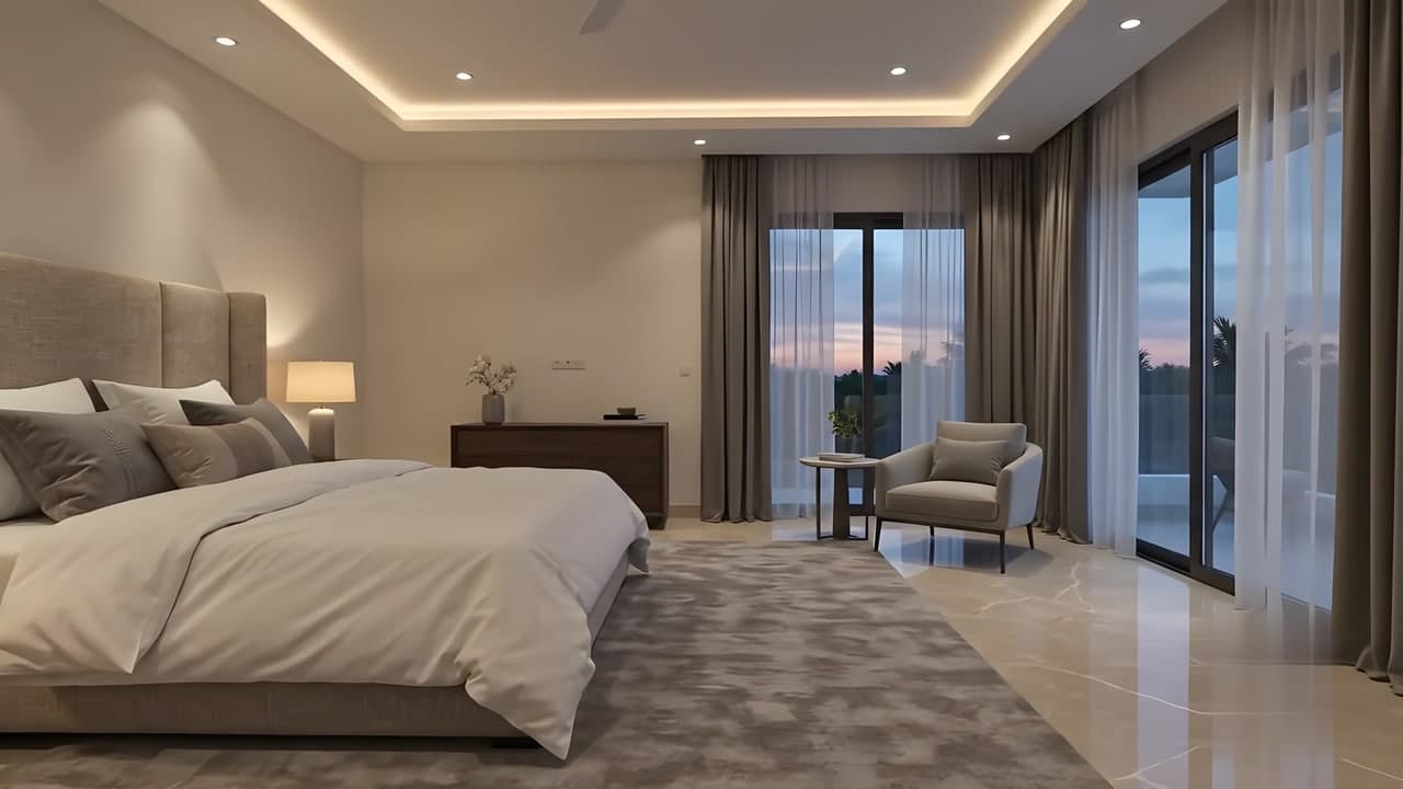 A bedroom with cove lighting and sheer curtains at dusk