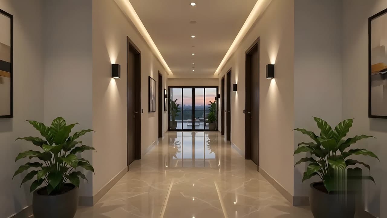A hallway with wall lights leading out to a balcony at dusk