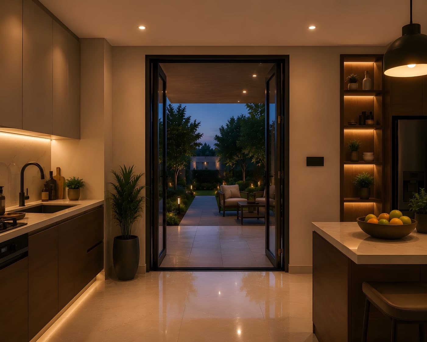 An open kitchen leading out to a lit garden at dusk