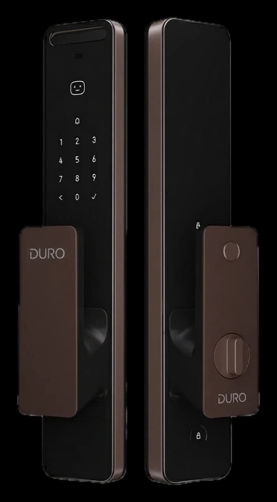 A DURO smart door lock in bronze — outside panel with keypad and face recognition, inside panel with fingerprint reader