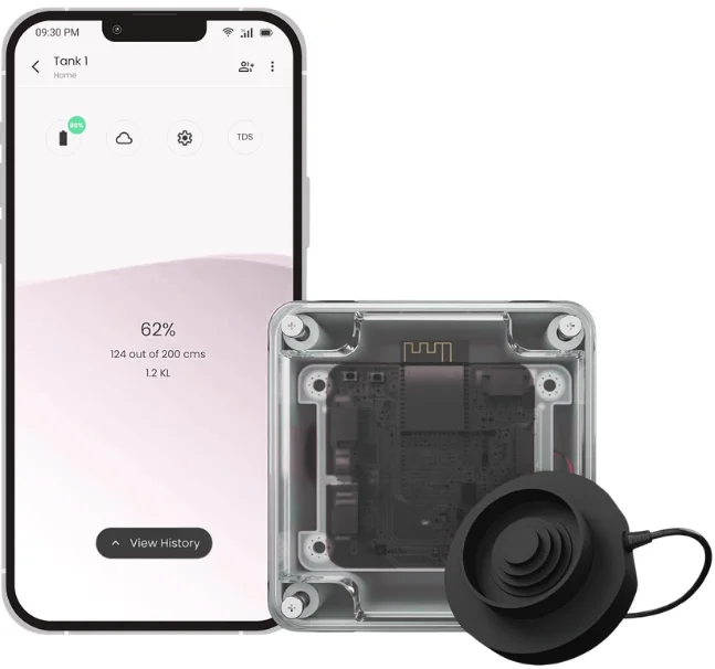 A wireless water-level sensor and its phone app showing the tank at 62 percent