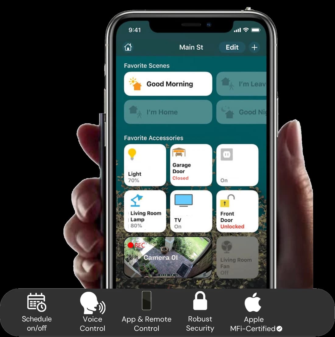 An iPhone showing the Apple Home app with lights, fans, AC, curtains, locks and the gate