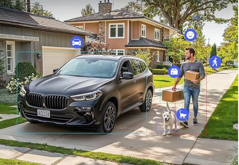 A camera view of a driveway with a car, a delivery person, a parcel and a dog each picked out and labelled