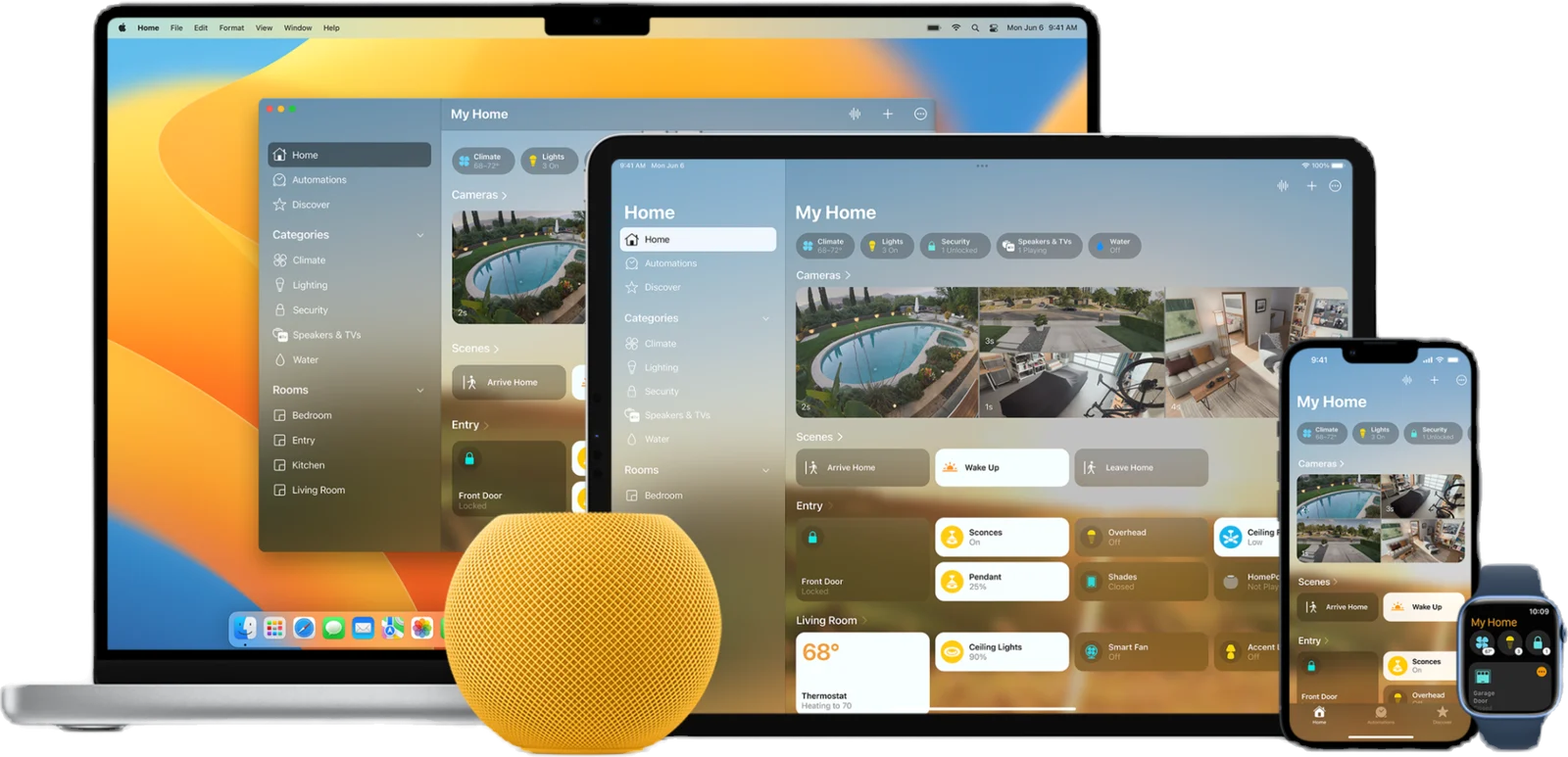 The Home app on a MacBook, iPad, iPhone and Apple Watch, with a HomePod mini