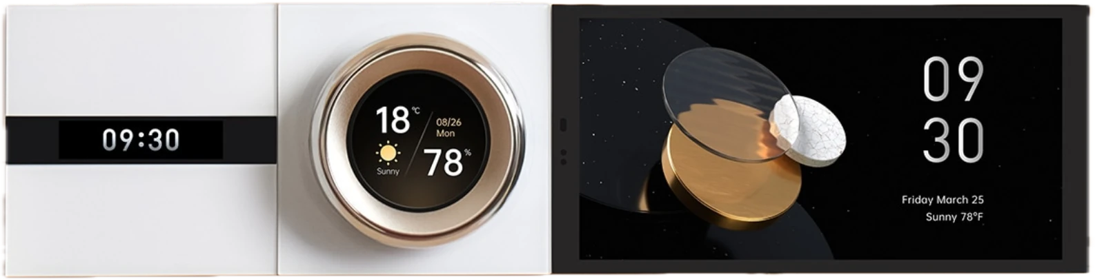 A modular smart panel: a display switch showing 09:30, a round dial showing the weather, and a wide touch screen