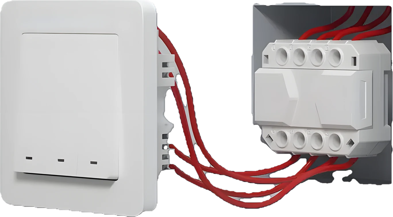 A small smart module wired behind an ordinary three-key wall switch