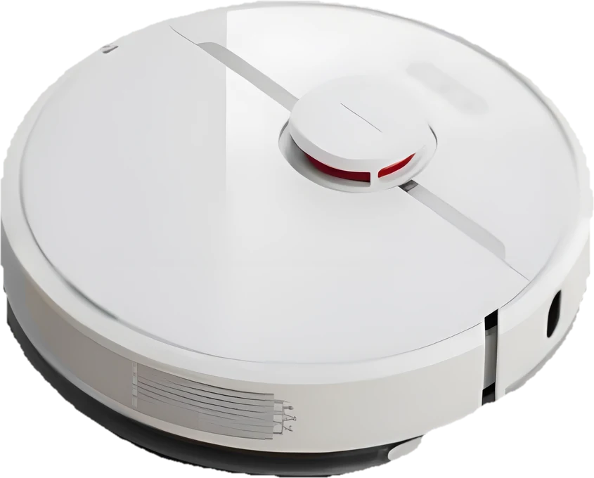 A white robot vacuum cleaner