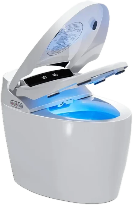 A white smart toilet with the lid open and a soft blue night light in the bowl